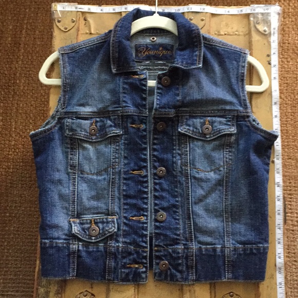 VINTAGE Y2K 90s JEAN JACKET VEST YOUNGIQUE STRETCH BOHO DISTRESS DENIM JEAN VEST - Picture 3 of 11